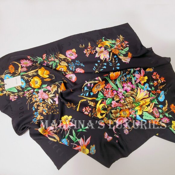 GUCCI SCARF SINE AMORE FLORAL BOUQUET FLORA BLACK SILK TWILL SQUARE 35" - Picture 6 of 12
